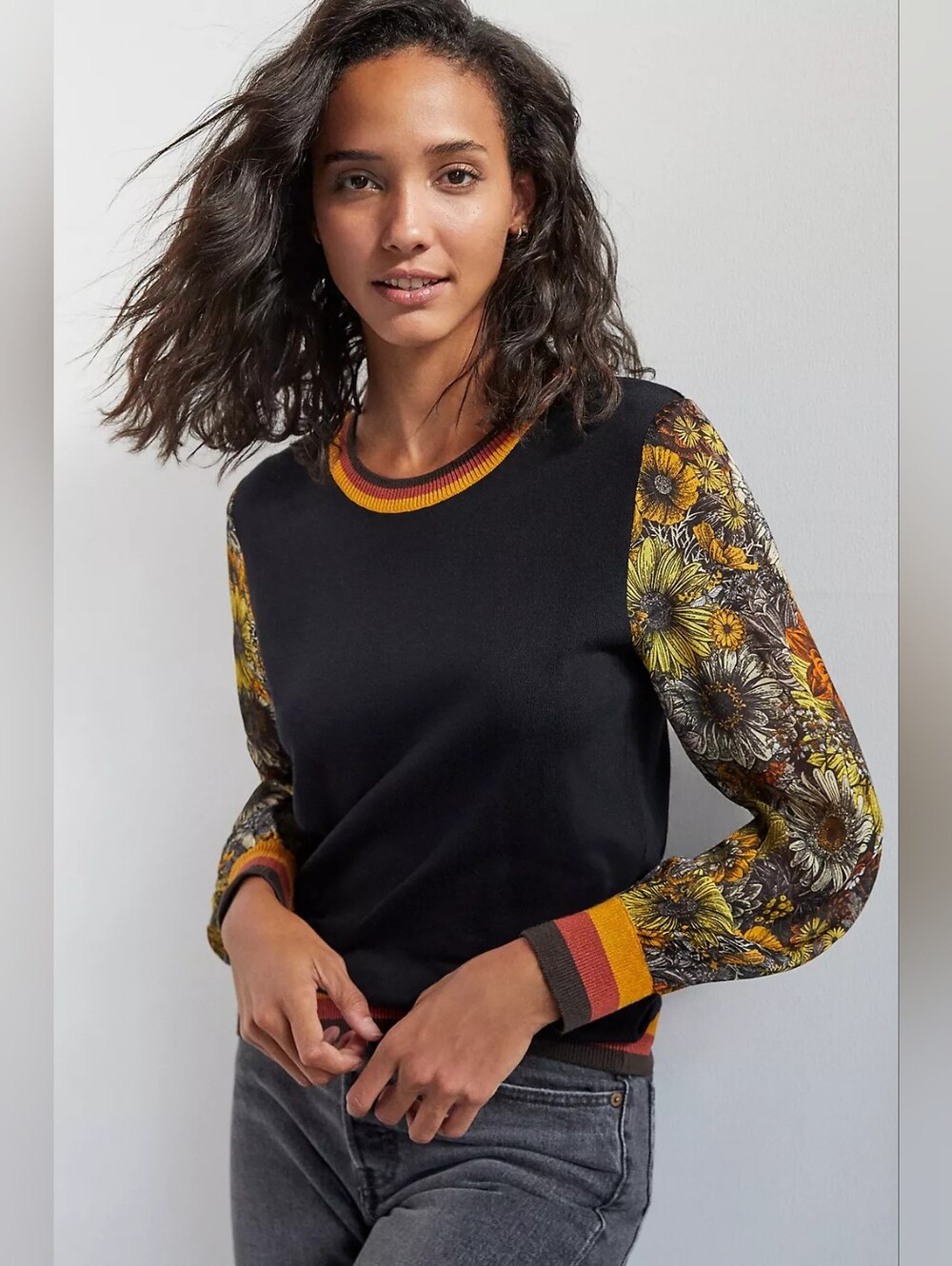 B|ank London Gwen Pullover Floral Sleeve Sweater Black XS Anthropologie